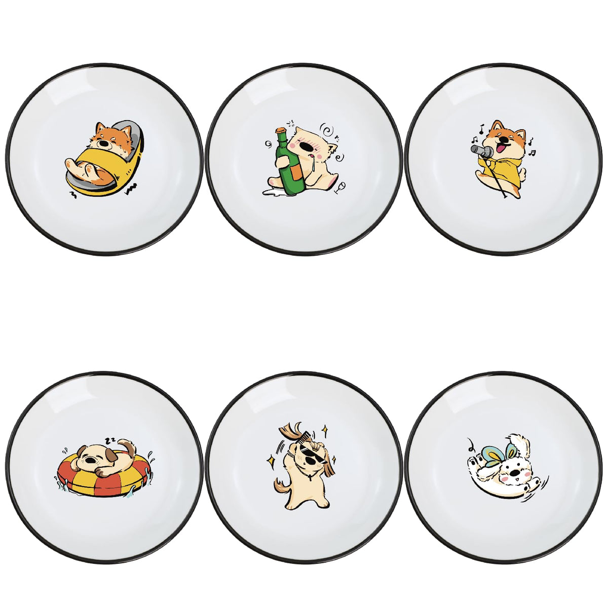 SOCOSY Super Cute Cartoon Animal Ceramic Sauce Dishes, Seasoning Dishes, Little Cat Dog Bird Feeding Bowls, Sushi Soy Dipping Bowls, Appetizer Plates, Dessert Plates, Set of 6-Cats-5 Inch