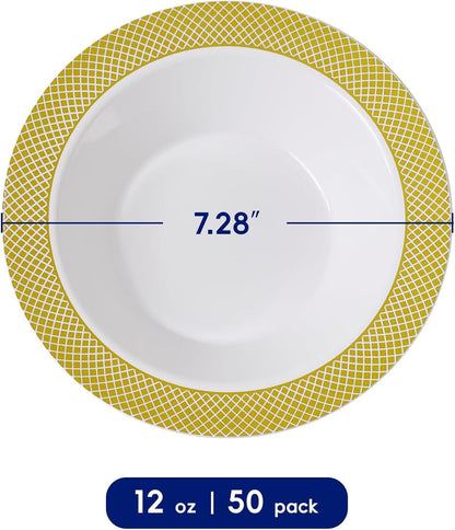 JOLLY CHEF Plastic Bowls with Gold Grid Rim Disposable 12oz Bolws 50Pack