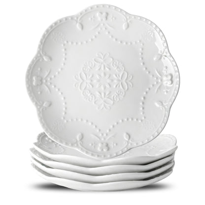 Neaylfe Ceramic Dinner Plates Set of 6, 10 inch Oval Embossed White Plates for Salad, Dessert, Appetizer, Steak, Large Flat Serving Plates for Kitchen, Restaurant, Parties