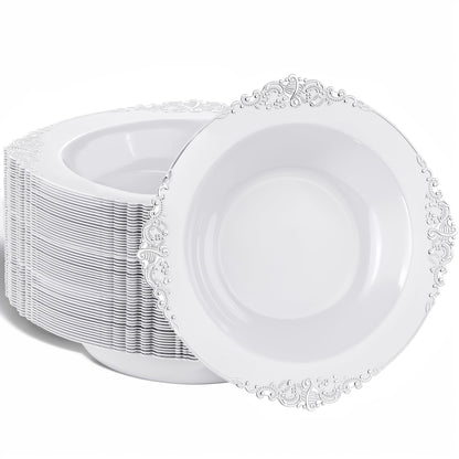 Nervure 50PCS White Plastic Bowls with Gold Rim - 12oz Disposable Soup Bowl