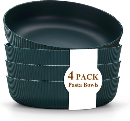 Kyraton Pasta Bowls Set of 4, 37oz Salad Bowls Soup Bowls Large Pasta Serving Bowl Plastic Unbreakable Serving Dishes Dinner Bowls (Dark Green)