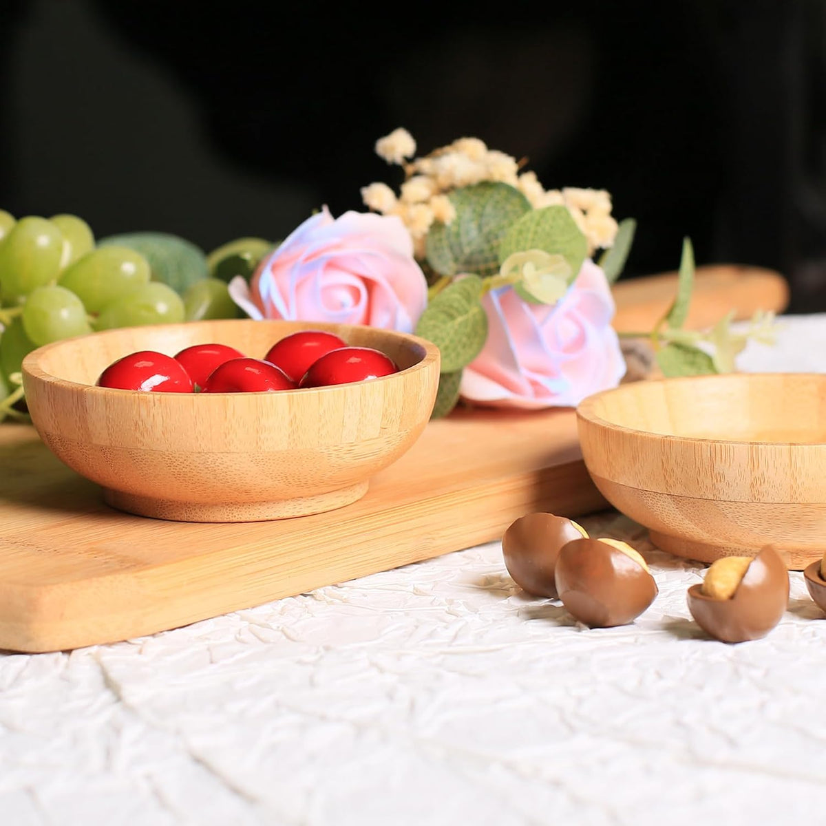 Small Bamboo Wooden Bowls Set of 2, Round Shallow Serving Bowls for Charcuterie/Fruit/Candy, 4 Inch Handmade Dipping Dishes for Spice/Salsa/Tomato Sauce