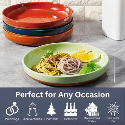 Khen Ceramic Flat Pasta Bowl Plate Set of 4-35oz, Microwave Safe with High Edge for Kitchen and Eating, Large Wide Bowls/Plates for Serving Dinner, Lunch, Salad, Cereals - Pastel Neutral Colors Gift