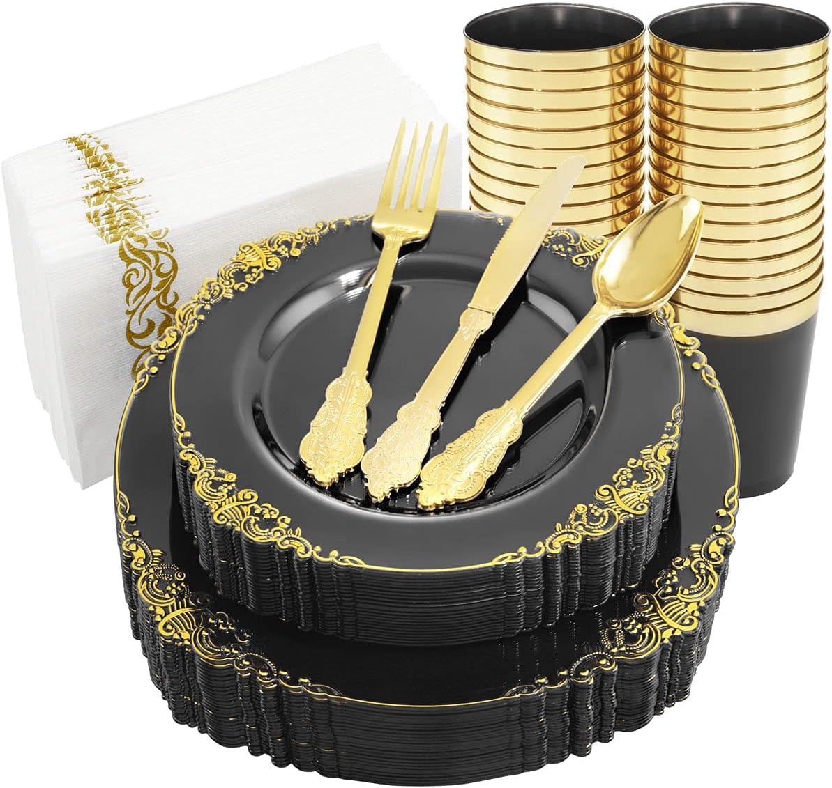 Nervure 350Pcs Gold Plastic Plates, Disposable Dinnerware Set for 50 Guests