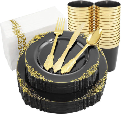 Nervure 350Pcs Gold Plastic Plates, Disposable Dinnerware Set for 50 Guests