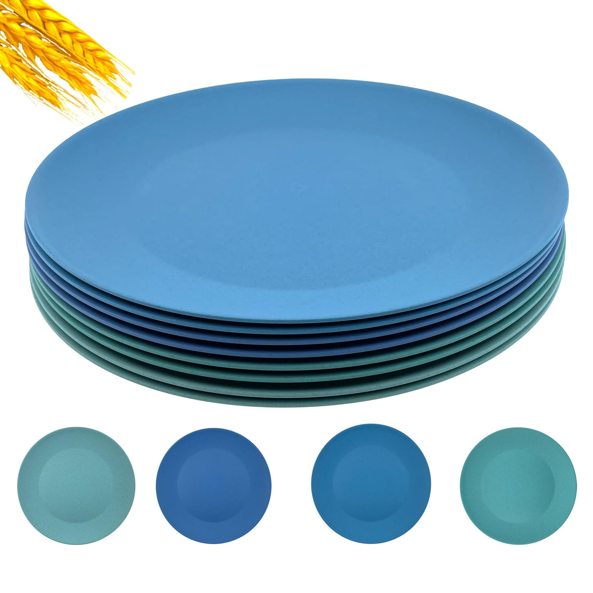 Wheat Straw Plate set 8, 10-inch Reusable Plastic Plates Blue Teal