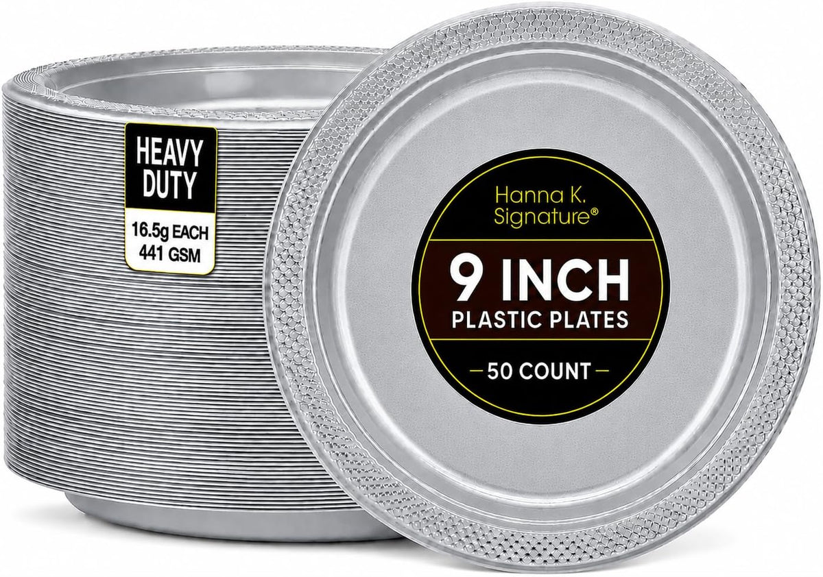 Silver Solid Color Premium Heavy Weight Plastic Dinner Plate (9") 50 Count - Premium Plastic, Elegant & Durable, Perfect for Events