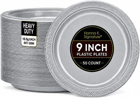Silver Solid Color Premium Heavy Weight Plastic Dinner Plate (9") 50 Count - Premium Plastic, Elegant & Durable, Perfect for Events