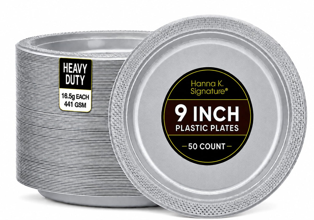 Silver Solid Color Premium Heavy Weight Plastic Dinner Plate (9") 50 Count - Premium Plastic, Elegant & Durable, Perfect for Events