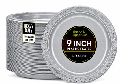 Silver Solid Color Premium Heavy Weight Plastic Dinner Plate (9") 50 Count - Premium Plastic, Elegant & Durable, Perfect for Events