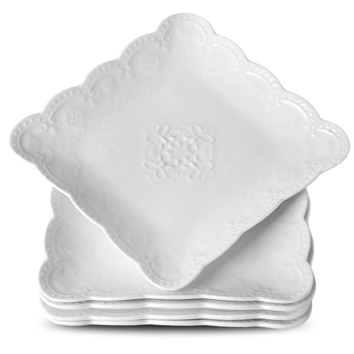 Neaylfe Ceramic Dinner Plates Set of 6, 10 inch Oval Embossed White Plates for Salad, Dessert, Appetizer, Steak, Large Flat Serving Plates for Kitchen, Restaurant, Parties