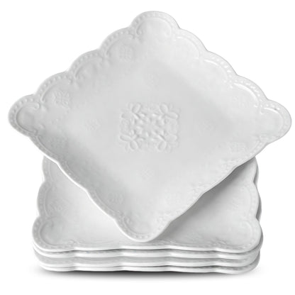 Neaylfe Ceramic Dinner Plates Set of 6, 10 inch Oval Embossed White Plates for Salad, Dessert, Appetizer, Steak, Large Flat Serving Plates for Kitchen, Restaurant, Parties
