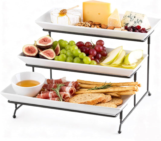 Gomakren 3 Tier Rectangular Serving Tray 14 Inch Serving Platters and Stand