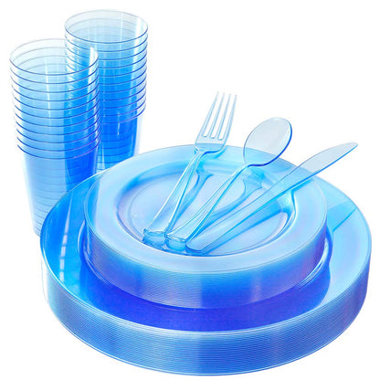 WDF 25 Guest Green Plastic Plates with Disposable Silverware&Green Cups-Neon Clear Plastic Dinnerware include 25 Dinner & Salad Plates,25 Forks, 25 Knives, 25 Spoons,25 Cups for Party