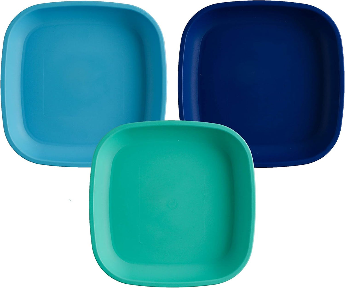 Re-Play Toddler Plates - 22 Oz. Deep-Walled Flat Kids Plates - Dishwasher & Microwave Safe - Made in USA - Set of 3-7.37" x 7.37" x 1.25" - True Blue