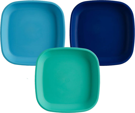 Re-Play Toddler Plates - 22 Oz. Deep-Walled Flat Kids Plates - Dishwasher & Microwave Safe - Made in USA - Set of 3-7.37" x 7.37" x 1.25" - True Blue