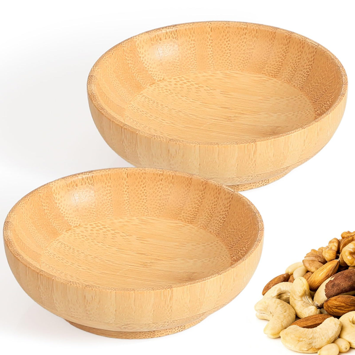 Small Bamboo Wooden Bowls Set of 2, Round Shallow Serving Bowls for Charcuterie/Fruit/Candy, 4 Inch Handmade Dipping Dishes for Spice/Salsa/Tomato Sauce
