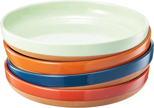 Khen Ceramic Flat Pasta Bowl Plate Set of 4-35oz, Microwave Safe with High Edge for Kitchen and Eating, Large Wide Bowls/Plates for Serving Dinner, Lunch, Salad, Cereals - Pastel Neutral Colors Gift