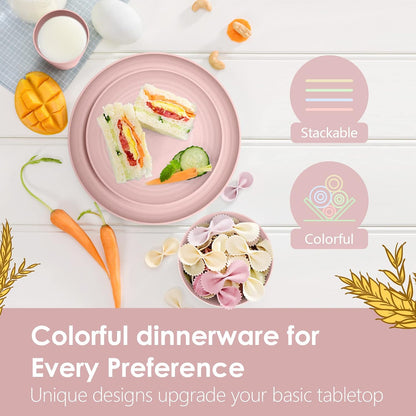 Teivio 16-Piece Kitchen Plastic Wheat Straw Dinnerware Set, Service for 4, Dinner Plates, Dessert Plate, Cereal Bowls, Cups, Unbreakable Plastic Outdoor Camping Dishes,Pink