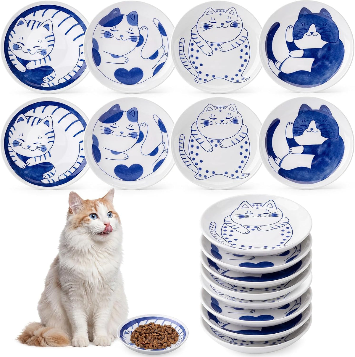 8 Pcs Kawaii Cat Ceramic Bowls Set, 4 Inch Shallow Cat Food Dish
