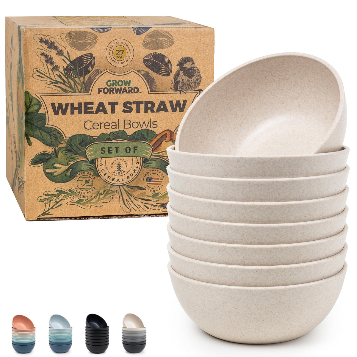 Grow Forward Premium Wheat Straw Bowls - 20oz Microwave Safe Plastic Cereal Bowls Set of 8 for Kitchen, Camping, RV, Dessert, Snack, Soup, Salad, Fruit - Reusable, Unbreakable & BPA Free - Sahara