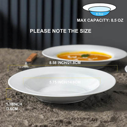 Ceramic Soup Bowls Shallow Plates, Halloween 4 Pack White Dinner Bowls Plates, Porcelain Wide Rim, 8.5" (8.5 oz) Shallow Bowls Ideal for Soup Dessert Salad and Pasta, Microwave and Dishwasher Safe
