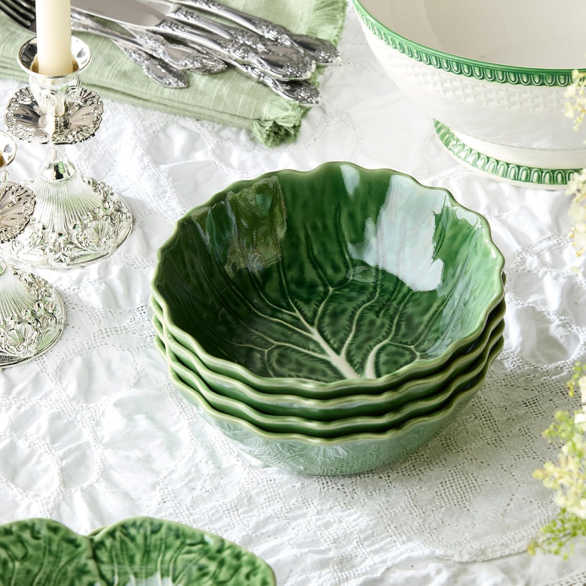Le Jardin Green Cabbage plates 3D SOUP/CEREAL BOWLS, SET OF FOUR, 8.5" x 2.75" – Sculpted Green Stoneware Leaf Bowls– Garden-Inspired Serveware for Soups, Salads, Pasta & Everyday