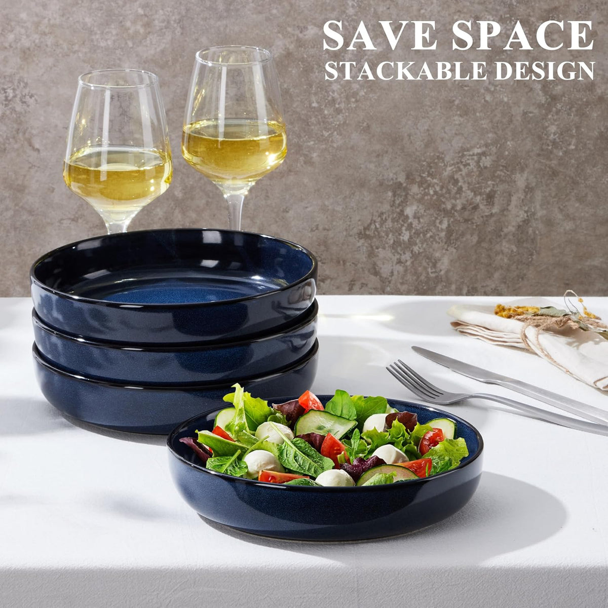 E-far Blue Pasta Bowls Set of 4, 35oz Double Reactive Glaze Stoneware