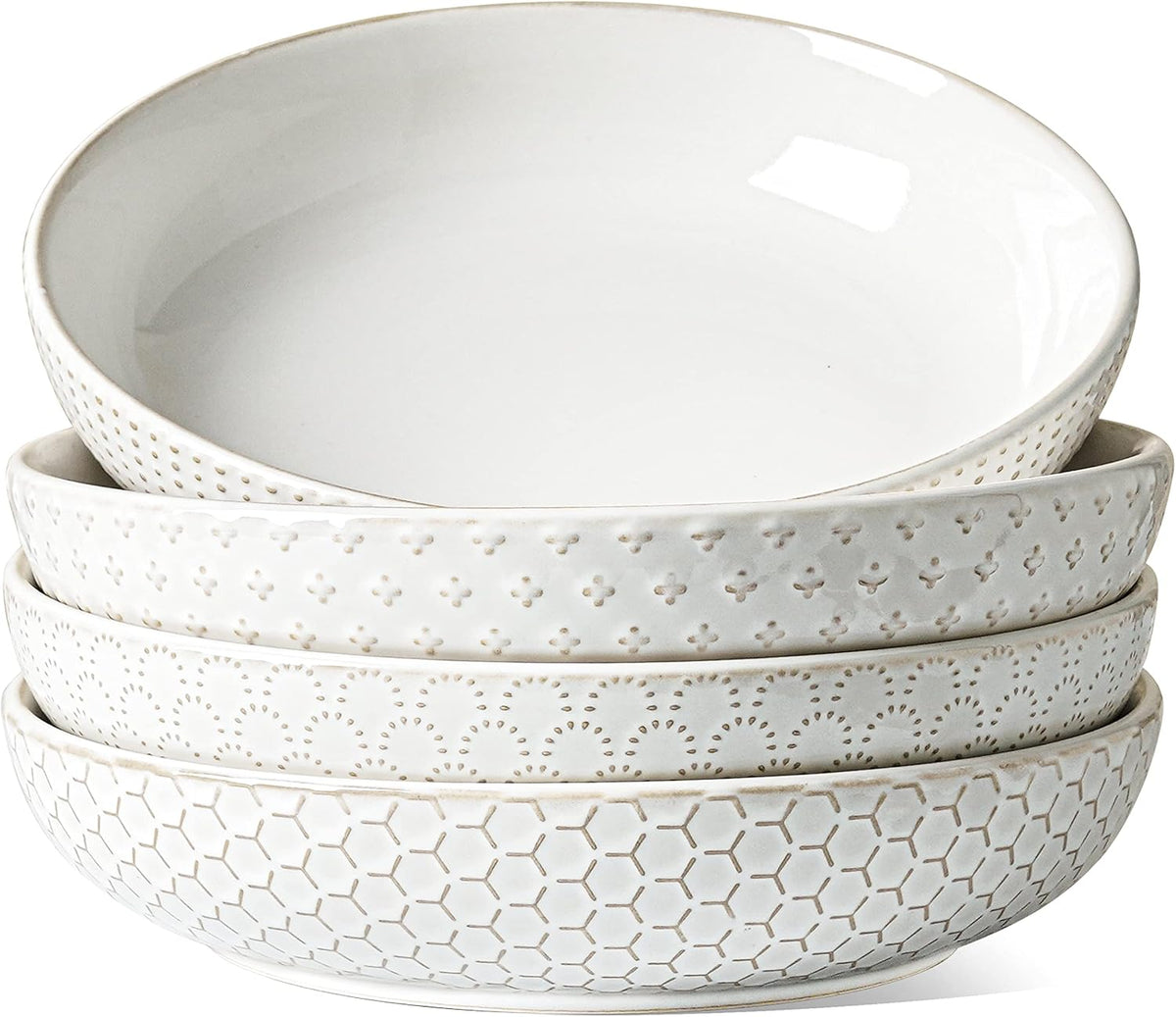 LE TAUCI Pasta Bowls 42oz, Large Salad Bowl, Ceramic Embossment Stoneware Serving Plate for Fruits, Noodle, Dinner, House-warming Wedding Present - 9 Inch, Set of 4, Arctic White