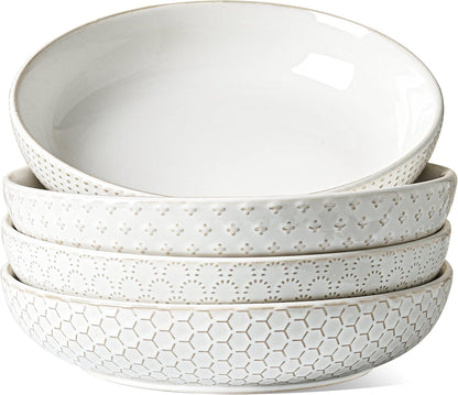 LE TAUCI Pasta Bowls 42oz, Large Salad Bowl, Ceramic Embossment Stoneware Serving Plate for Fruits, Noodle, Dinner, House-warming Wedding Present - 9 Inch, Set of 4, Arctic White