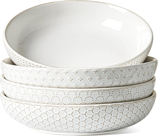 LE TAUCI Pasta Bowls 42oz, Large Salad Bowl, Ceramic Embossment Stoneware Serving Plate for Fruits, Noodle, Dinner, House-warming Wedding Present - 9 Inch, Set of 4, Arctic White