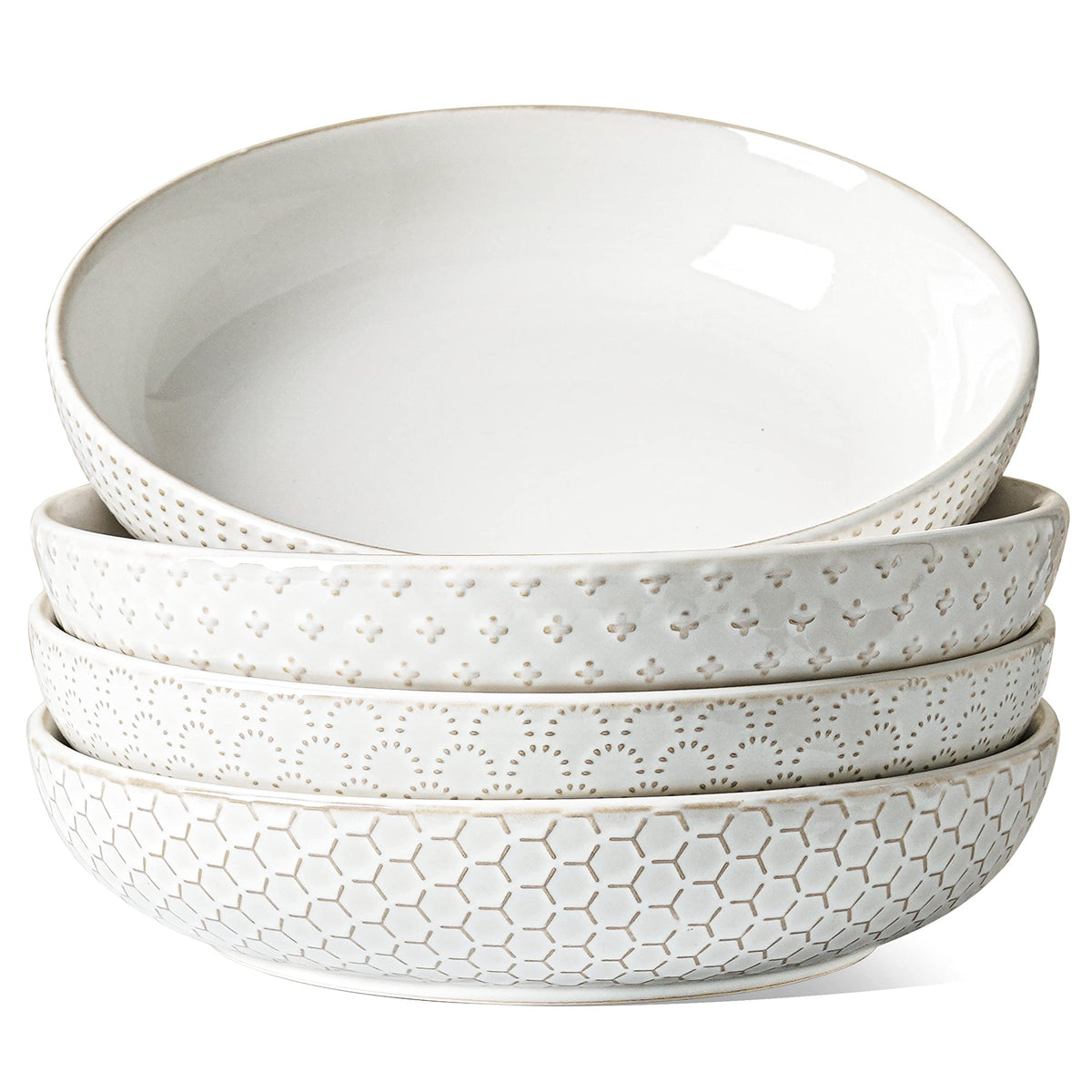 LE TAUCI Pasta Bowls 42oz, Large Salad Bowl, Ceramic Embossment Stoneware Serving Plate for Fruits, Noodle, Dinner, House-warming Wedding Present - 9 Inch, Set of 4, Arctic White
