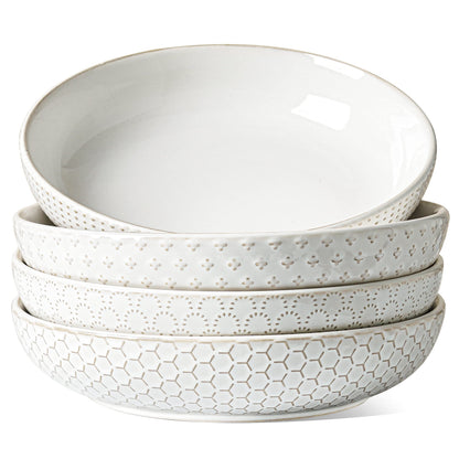 LE TAUCI Pasta Bowls 42oz, Large Salad Bowl, Ceramic Embossment Stoneware Serving Plate for Fruits, Noodle, Dinner, House-warming Wedding Present - 9 Inch, Set of 4, Arctic White