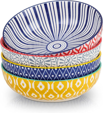 Selamica Ceramic 30 Ounce Large Pasta Bowls Set of 4, 8 inch Salad Bowl Wide and Shallow Microwave Dishwasher Safe, Assorted Corlors