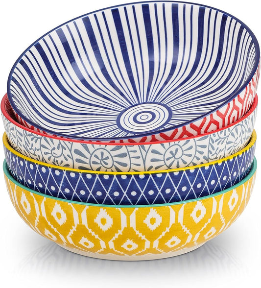Selamica Ceramic 30 Ounce Large Pasta Bowls Set of 4, 8 inch Salad Bowl Wide and Shallow Microwave Dishwasher Safe, Assorted Corlors