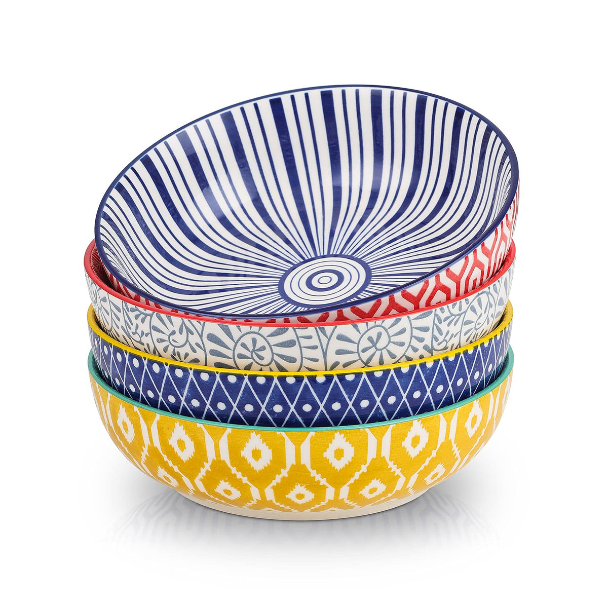 Selamica Ceramic 30 Ounce Large Pasta Bowls Set of 4, 8 inch Salad Bowl Wide and Shallow Microwave Dishwasher Safe, Assorted Corlors