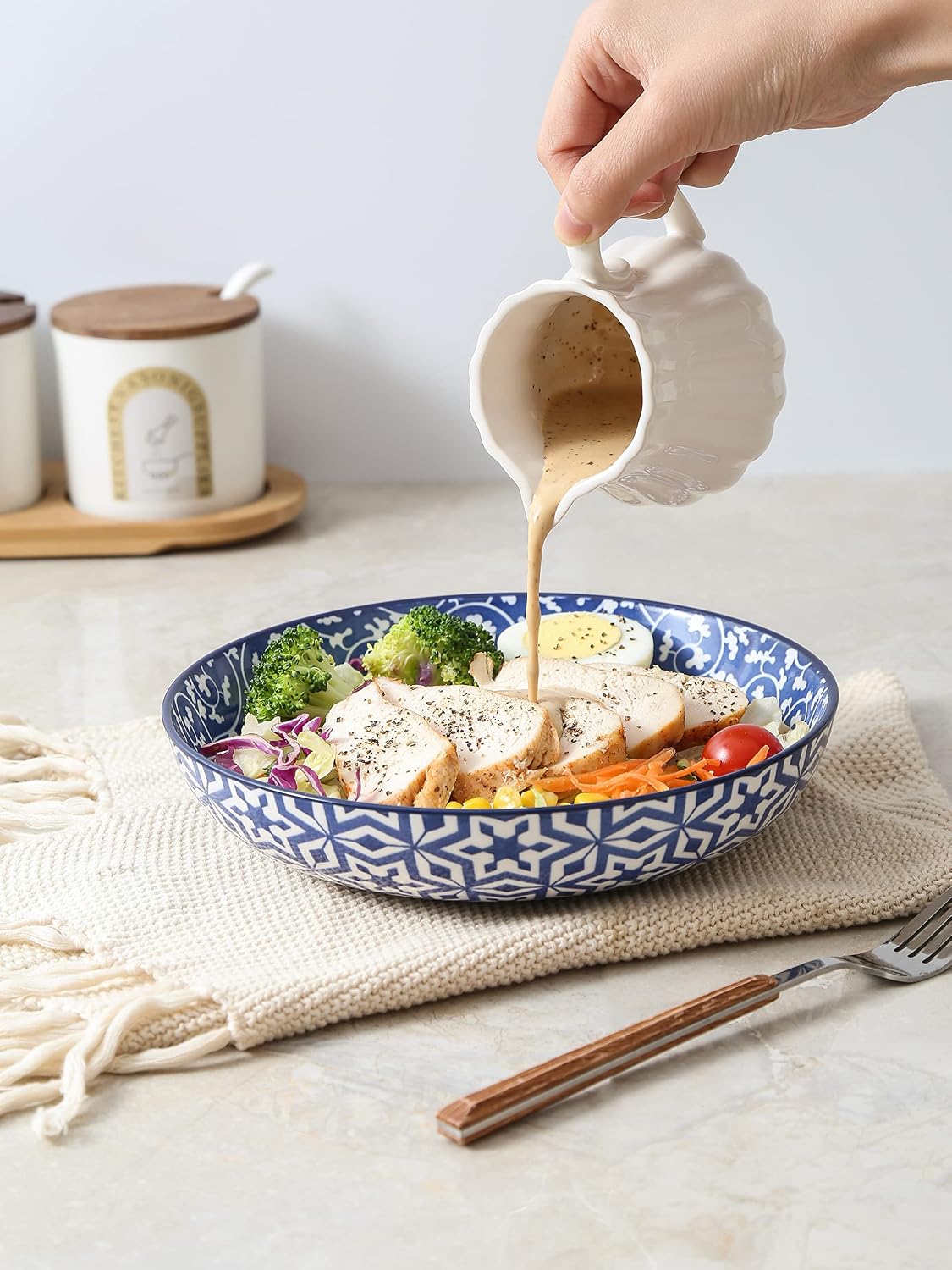 Selamica Porcelain 26 Ounce Pasta Bowls Set of 6, 8 inch Wide and Shallow Salad Bowls, Serving Bowls, Microwave & Dishwasher Safe, Sturdy & Stackable, Vintage Blue