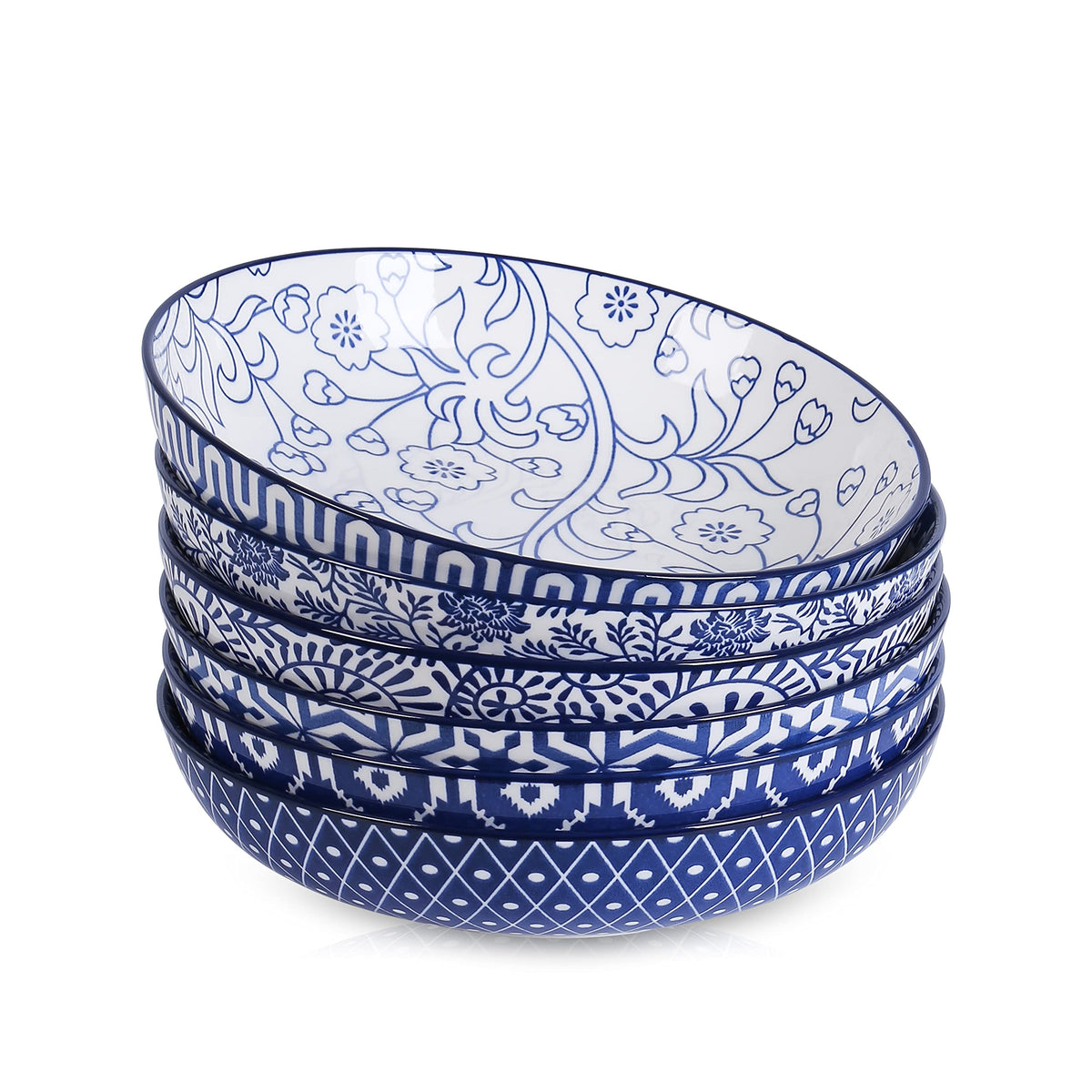 Selamica Porcelain 26 Ounce Pasta Bowls Set of 6, 8 inch Wide and Shallow Salad Bowls, Serving Bowls, Microwave & Dishwasher Safe, Sturdy & Stackable, Vintage Blue
