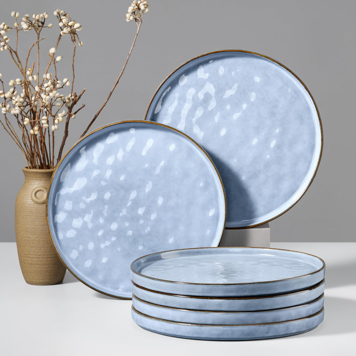 HaWare Stoneware Dinner Plates Set of 6, 10" Heavy Duty Ceramic Plate, Reactive Glaze Ripple Dinnerware for Home Restaurant, Chip and Scratch Resistant, Microwave and Dishwasher Safe, Matte Black