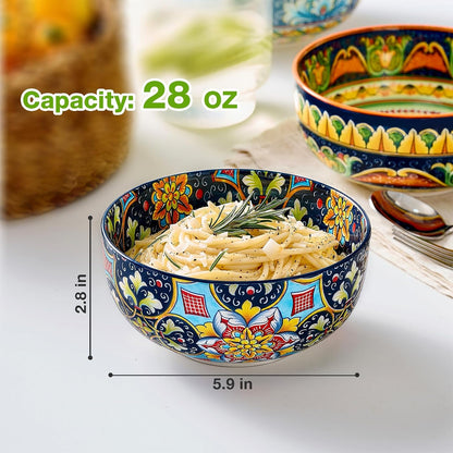 Meolibour Ceramic Cereal Bowls Set of 6, 28 oz Bohemian Soup Bowl, Colorful Bowls Set for Kitchen, Dessert Bowls for Salad, Pasta, Oatmeal, Ramen, Oatmeal, Fruit, Dishwasher & Microwave Safe