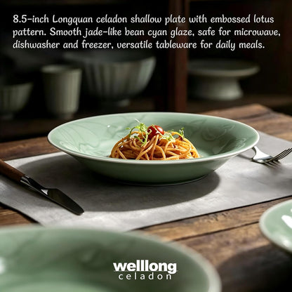 Deep Soup Plates Set of 2, 8.5" Longquan Celadon Ceramic Pasta Bowls
