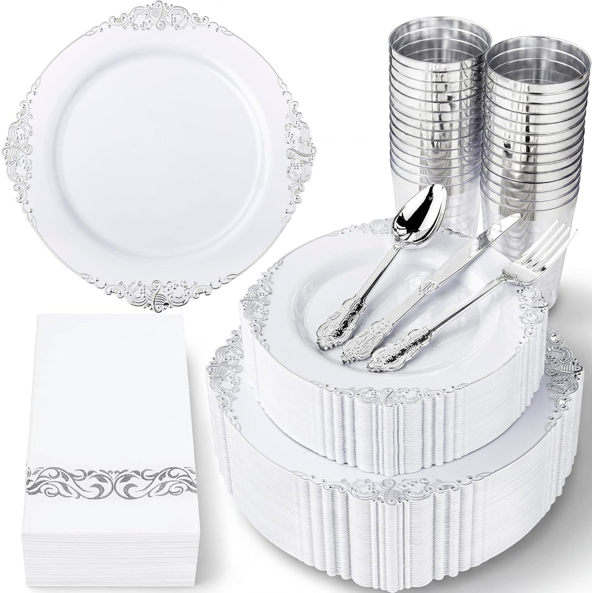 Nervure 350Pcs Gold Plastic Plates, Disposable Dinnerware Set for 50 Guests