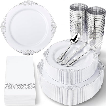 Nervure 350Pcs Gold Plastic Plates, Disposable Dinnerware Set for 50 Guests