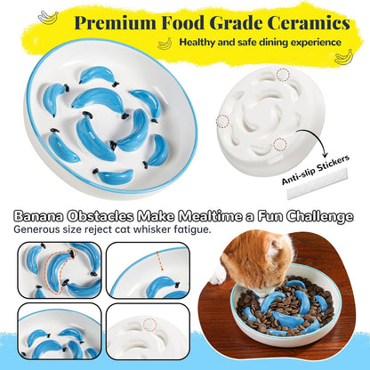 Ceramic Slow Feeder Cat Bowl, 6.3'' Wide Whisker Friendly Cat Puzzle Feeder