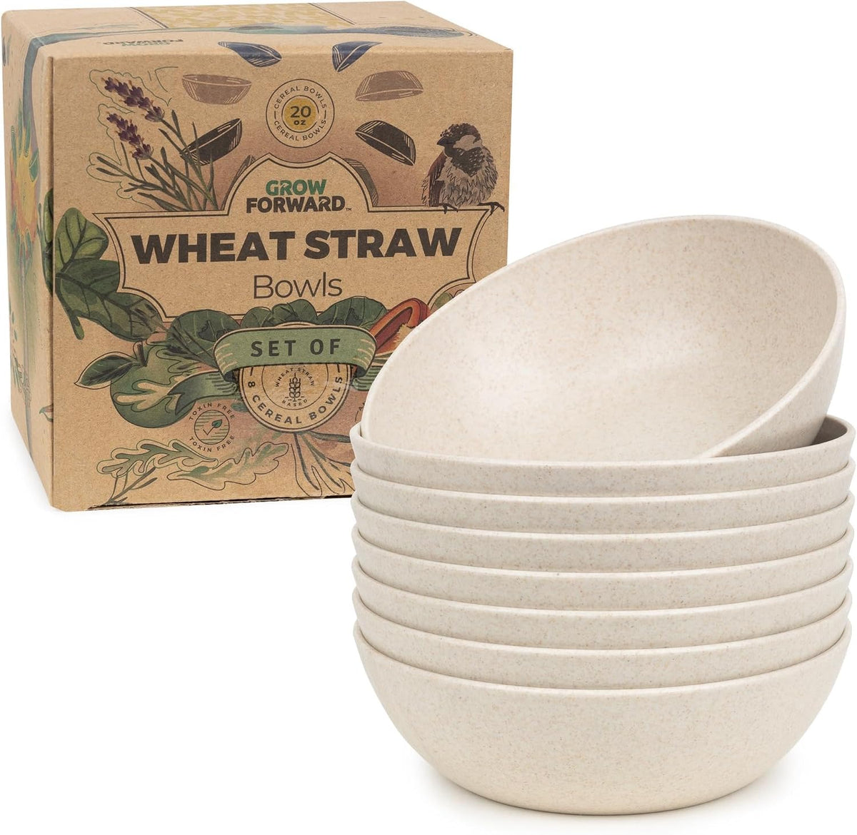 Grow Forward Premium Wheat Straw Bowls - 20oz Microwave Safe Plastic Cereal Bowls Set of 8 for Kitchen, Camping, RV, Dessert, Snack, Soup, Salad, Fruit - Reusable, Unbreakable & BPA Free - Sahara
