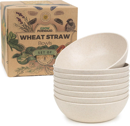 Grow Forward Premium Wheat Straw Bowls - 20oz Microwave Safe Plastic Cereal Bowls Set of 8 for Kitchen, Camping, RV, Dessert, Snack, Soup, Salad, Fruit - Reusable, Unbreakable & BPA Free - Sahara
