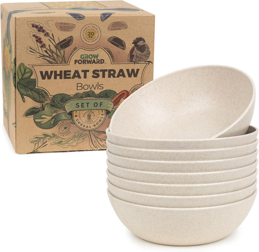Grow Forward Premium Wheat Straw Bowls - 20oz Microwave Safe Plastic Cereal Bowls Set of 8 for Kitchen, Camping, RV, Dessert, Snack, Soup, Salad, Fruit - Reusable, Unbreakable & BPA Free - Sahara