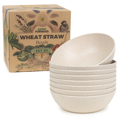 Grow Forward Premium Wheat Straw Bowls - 20oz Microwave Safe Plastic Cereal Bowls Set of 8 for Kitchen, Camping, RV, Dessert, Snack, Soup, Salad, Fruit - Reusable, Unbreakable & BPA Free - Sahara
