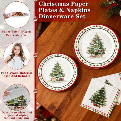 Christmas Plates and Napkins, Disposable Party Tableware Set, Serves 50