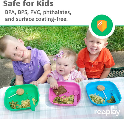 Re-Play Toddler Plates - 22 Oz. Deep-Walled Flat Kids Plates - Dishwasher & Microwave Safe - Made in USA - Set of 3-7.37" x 7.37" x 1.25" - True Blue